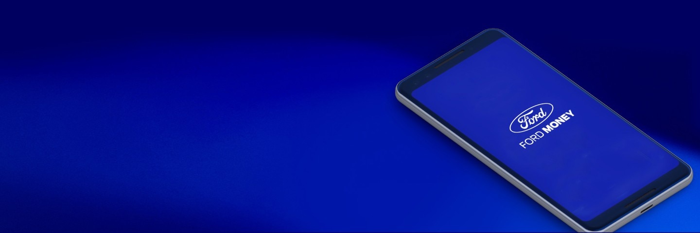 Smartphone mit Ford Money Banking-App auf blauem Hintergrund